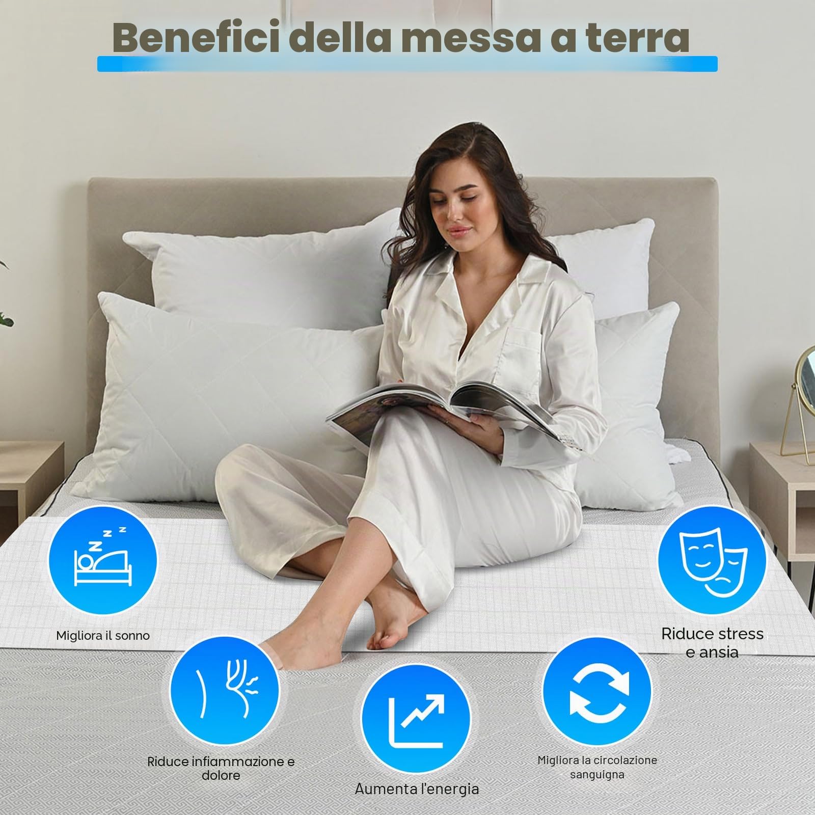 panthem Lenzuolo universale con messa a terra per letto – cotone biologico con fibra argentata per dormire meglio, 265 x 60 cm, con messa a terra (bianco)
