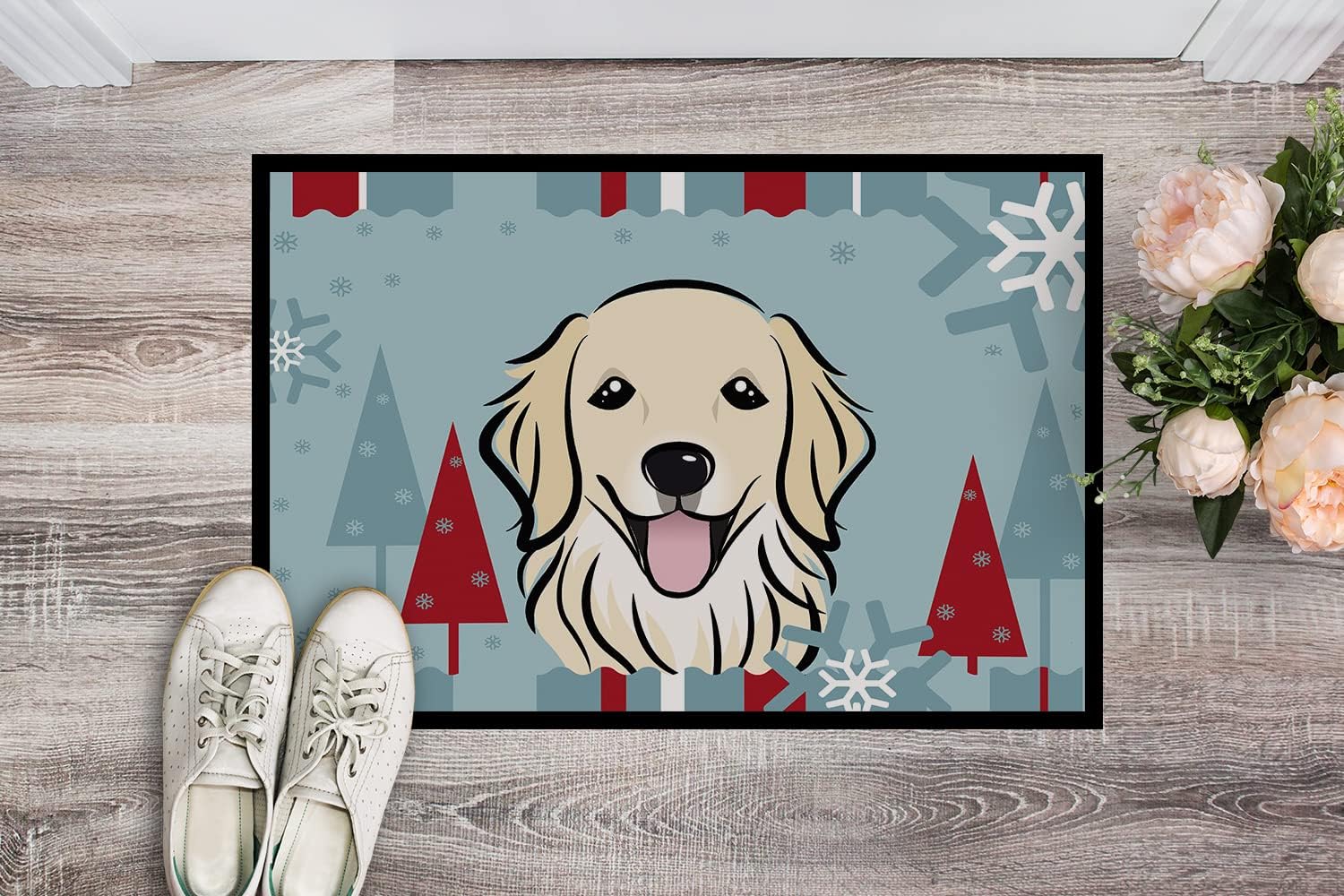 Caroline's Treasures BB1701MAT Winter Holiday Golden Retriever Doormat 18x27 Front Door Mat Indoor Outdoor Rugs for Entryway, Non Slip Washable Low Pile, 18H X 27W