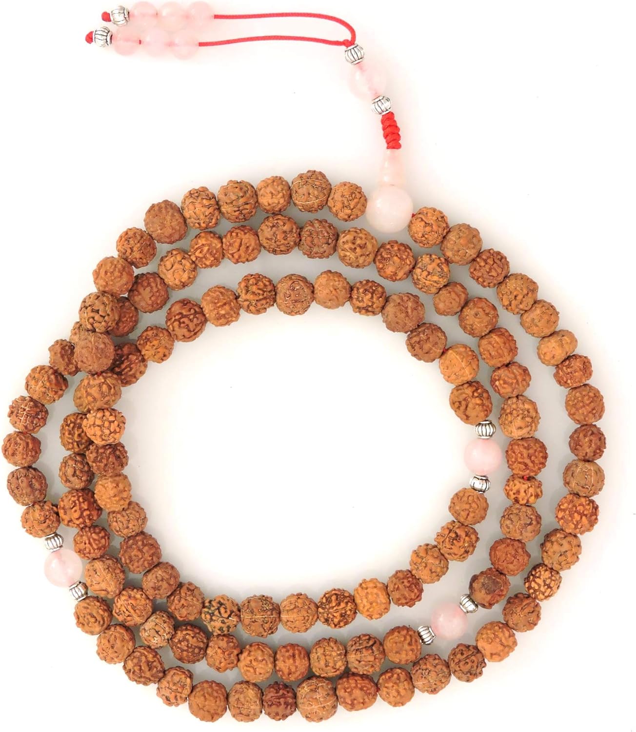 Hands Of Tibet Rudraksha Mala 108 Beads Necklace, Yoga Healing Natural Himalaya Seed Beads for Meditation, Prayer, Necklace, Wrist Mala Wrap Bracelet (Rose Quartz Spacers)