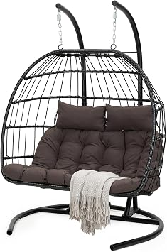 Warmiehomy Double Hanging Egg Chair Foldable 2 Seater Garden Egg Chairs with Stand Indoor Outdoor Swing Chair with Cushion Rattan Hammock Chair With Frame for Patio, Balcony, Living Room, U-Base