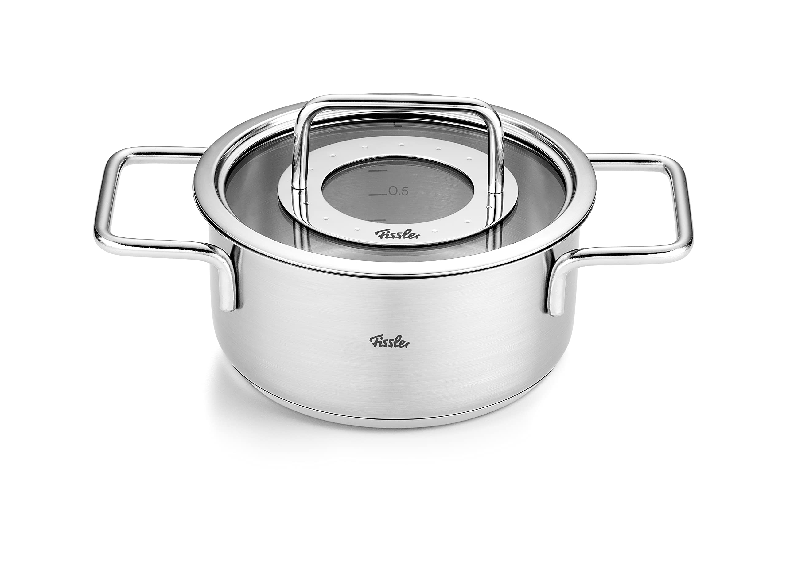 Fissler Pure Collection Juego de Cacerolas de Acero Inoxidable, 4 Piezas, 3 Ollas, 1 Asadera, con Tapadera de Vidrio, Inducción