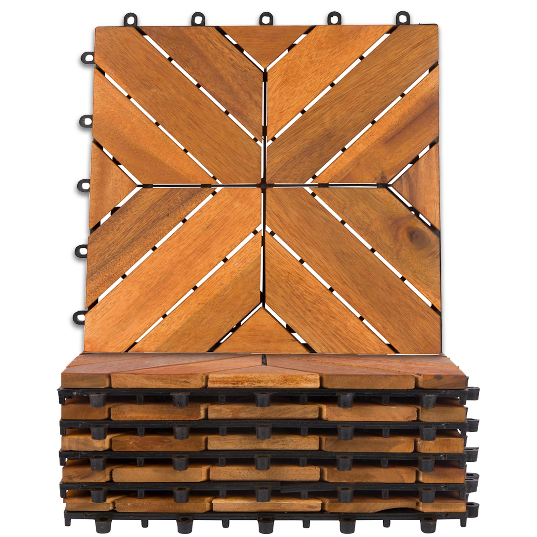 Interlocking Deck Tiles X Slat 8 Pack - Snap Together Wood Flooring | 12 x 12 Acacia Hardwood Outdoor Flooring for Patio | Click Floor Decking Tile