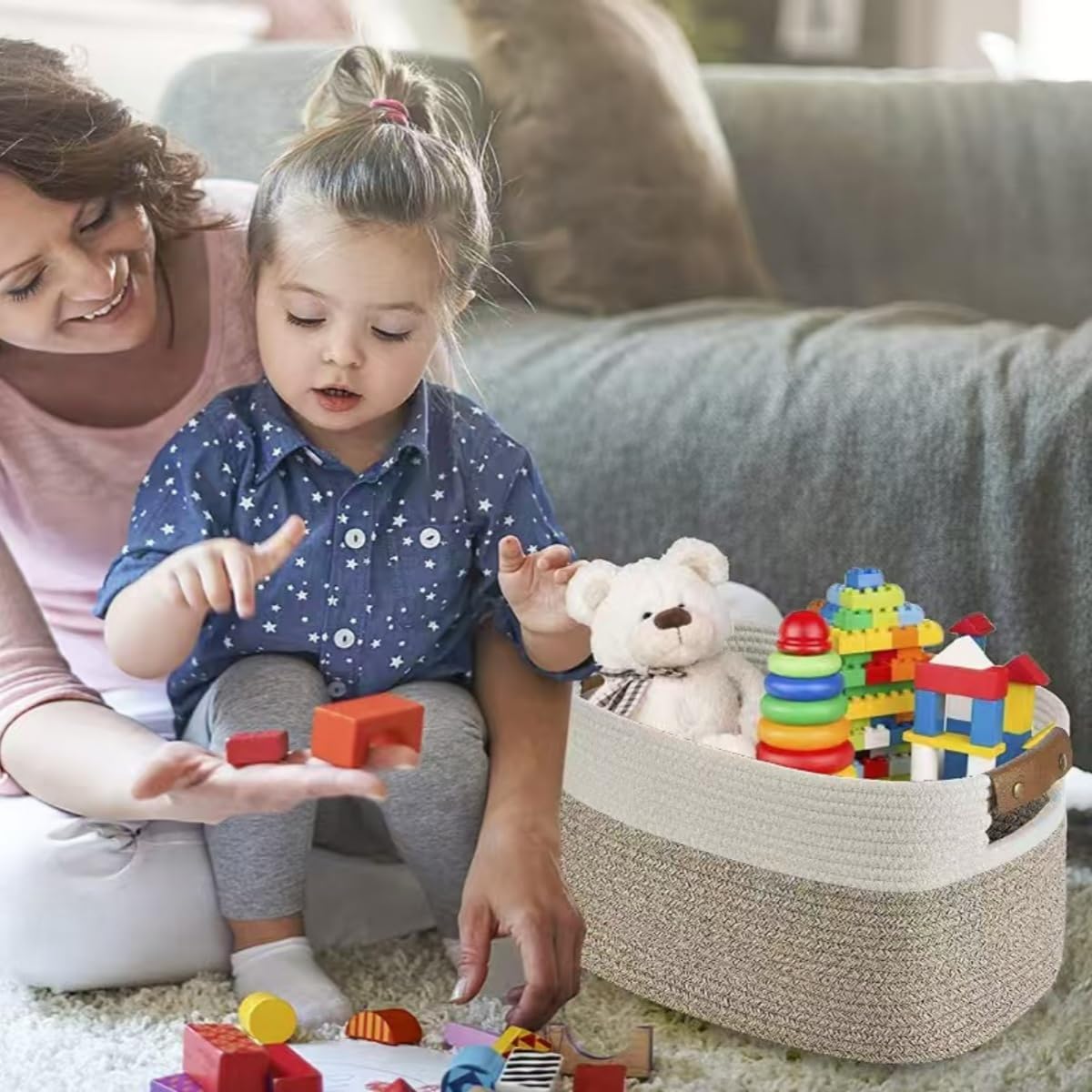 Cotton Rope Storage Basket, Shelving Organizer Rope Basket, Laundry Basket, Woven Basket Dog Toy Box, Baby Basket for Living Room Bath, 3 Pieces