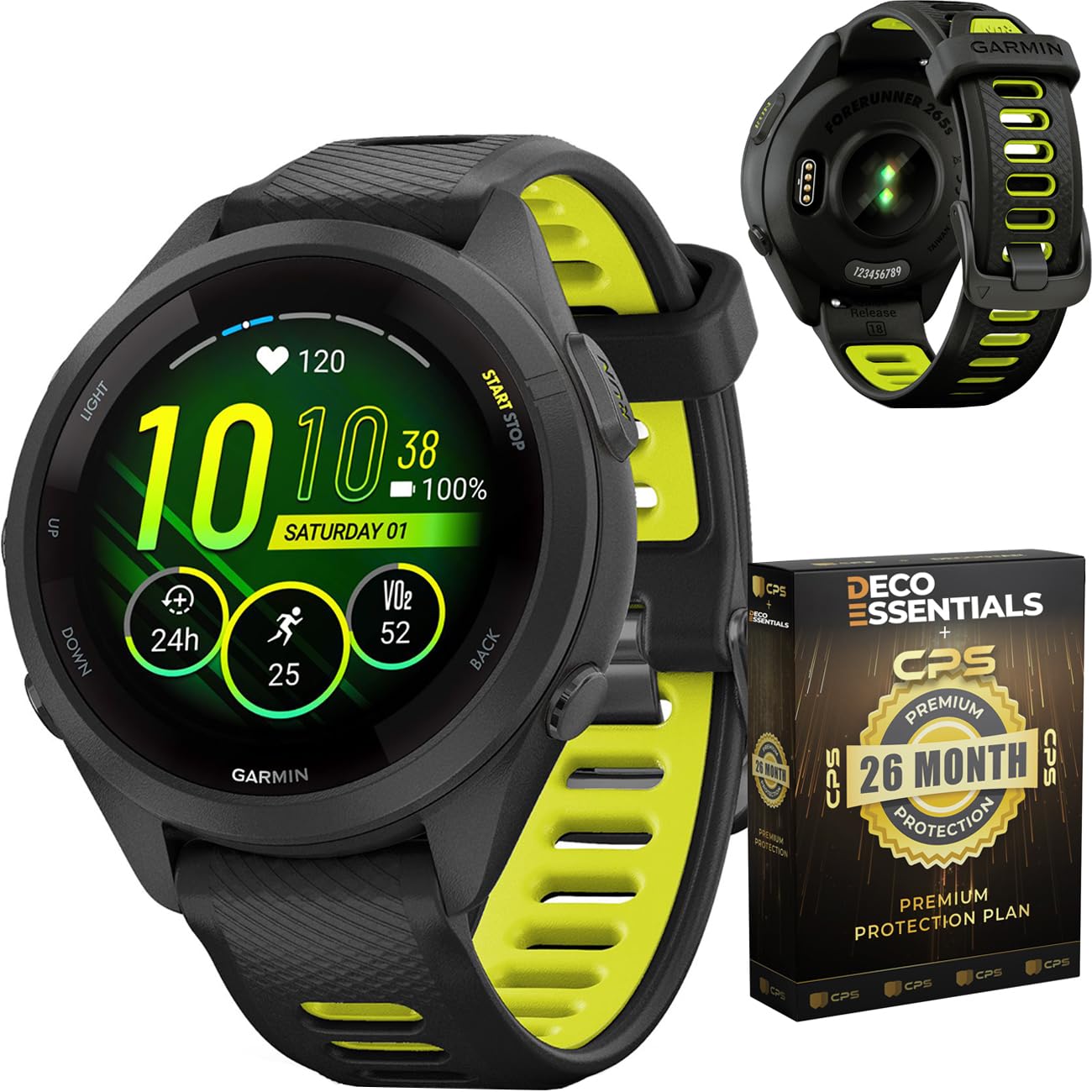 010-02810-03 Forerunner 265S GPS Smartwatch Black/Amp Yellow Bundle with Deco Essentials Exclusive 26Month CPS Enhanced Protection Pack