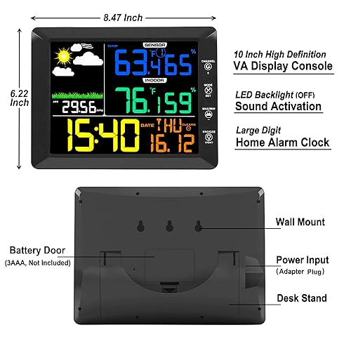 Miniatura 2 de Reloj inalámbrico de estación meteorológica, monitor de clima interior para el hogar de 10 pulgadas con barómetro, medidor de temperatura y humedad