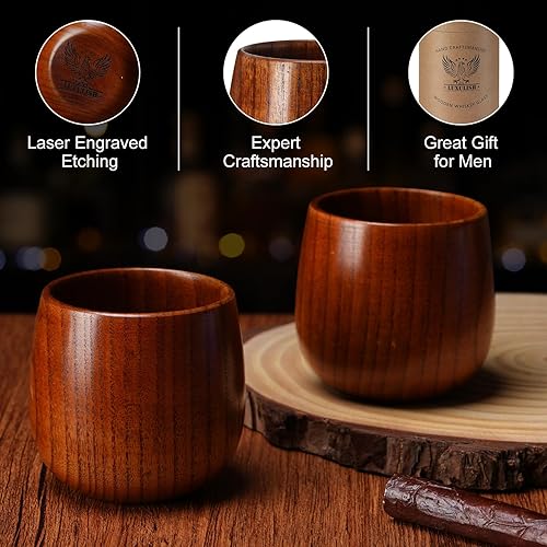 Miniatura 5 de Vaso de bourbon de madera grande de 10 onzas, incluye 3 cubitos de hielo de acero inoxidable, la taza de whisky de madera original, vasos de bebida