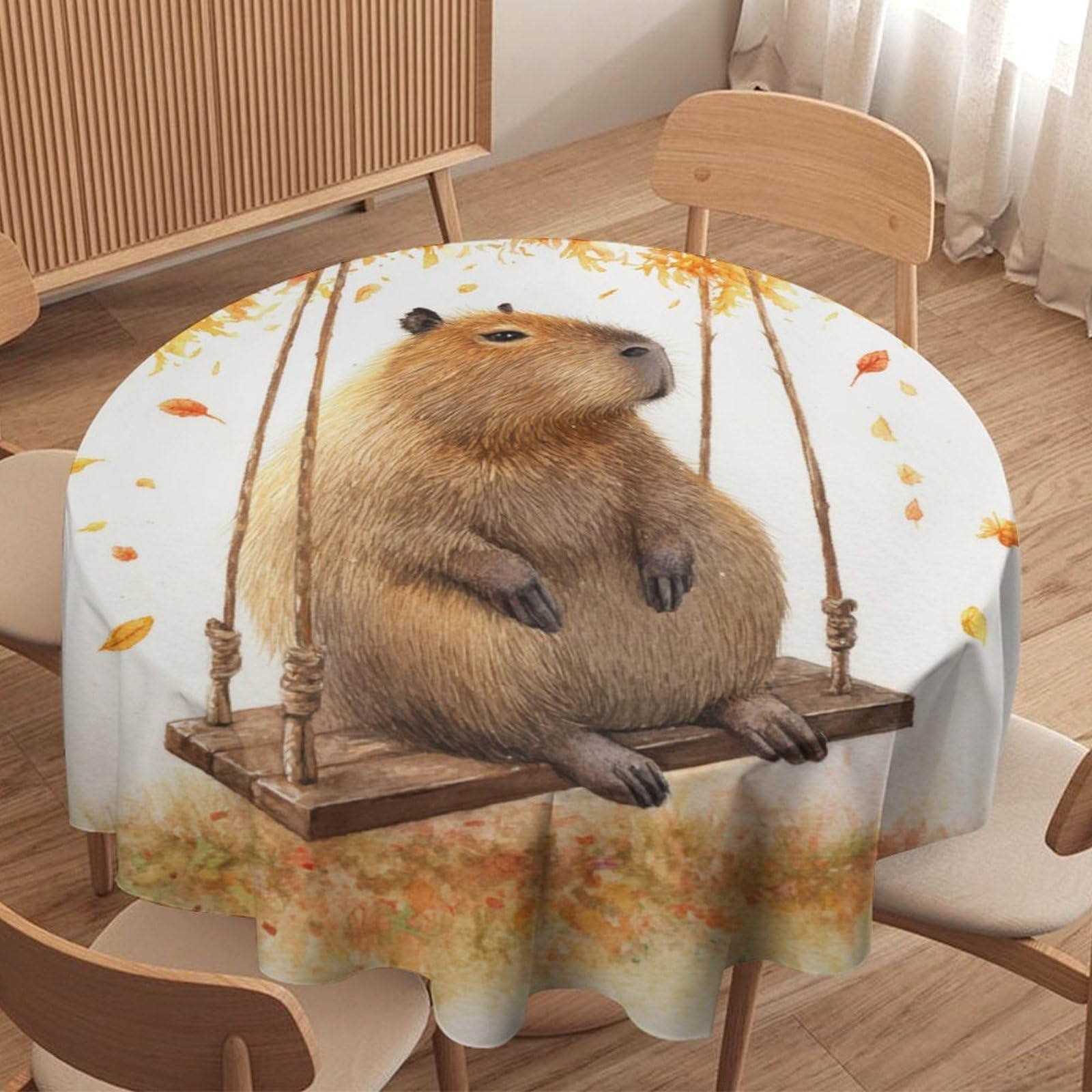 LUYYSKY Classic Funny Capybara Round Tablecloth Colorful Watercolor Fall Maple Trees Animals Capybaras Pattern Washable Decor for Table Cover for Kitchen-177.8" Wx177.8 L cm