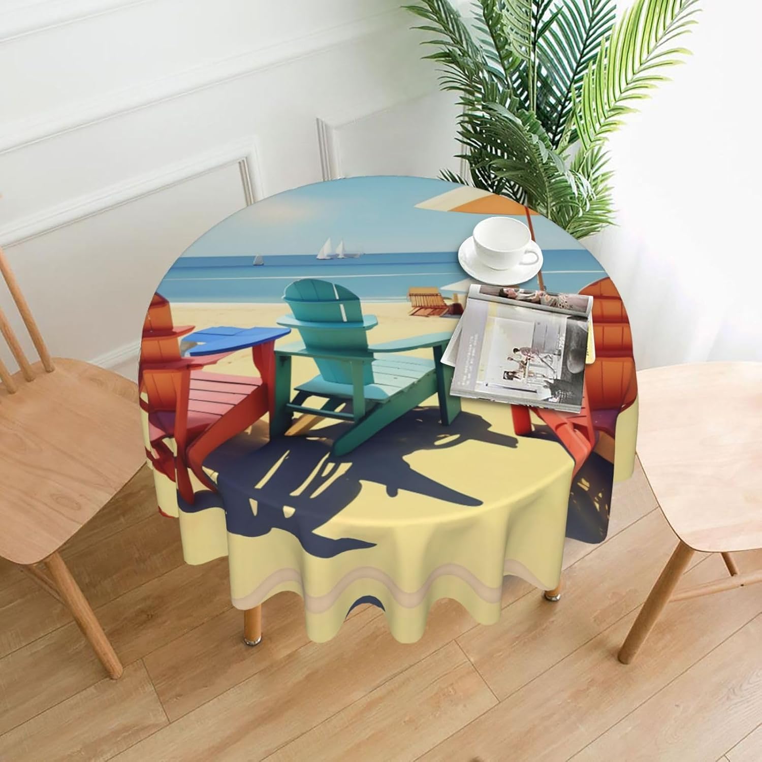 Beach Chairs and Scenery Print Wrinkle Free Dining Table Cover for Birthday Party Farmhouse Tablecloths Up to 60 x 60 Inches