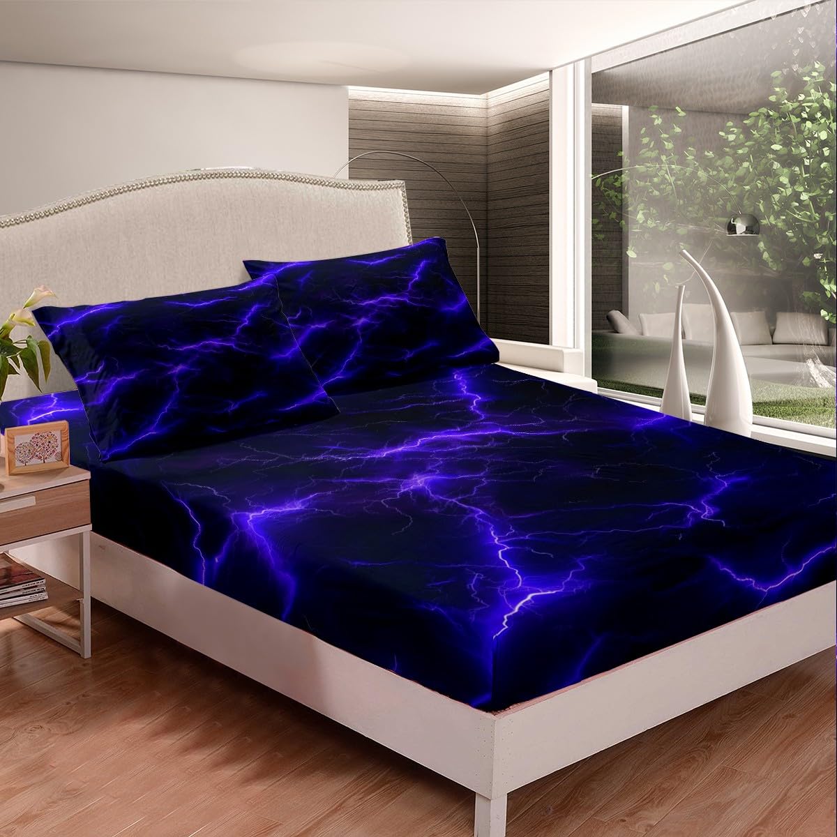 Green Lightning Fitted Sheet Twin 2 Pcs,Thunder Lightning Weather Theme Sheets Sets Breathable Bedding(No Top Sheet),Boys Teens Men Neon Glowing Bed Sheet with Deep Pocket