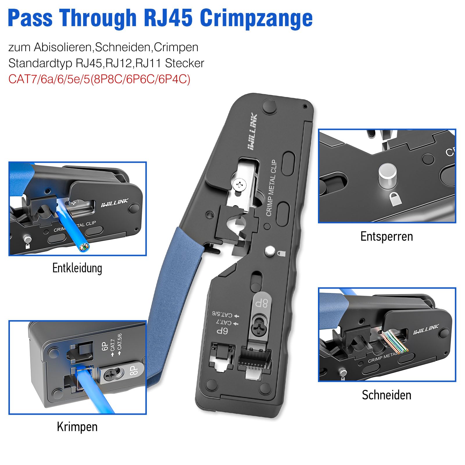iwillink Netzwerk Werkzeug Set, RJ45 Crimpzange für Netzwerkstecker | Mit Crimpzange, Cat 7 Stecker, RJ45 Stecker Werkzeuglos, Keystone Modul, Auflegewerkzeug, Netzwerktester für RJ45/11/12 Kabel