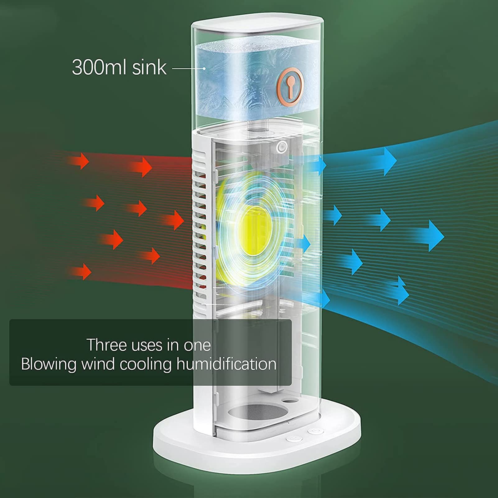 Mini Ventilatore per Aria Condizionata, Ventilatore a Torre, Ventilatore Portatile USB Ricaricabile, con Serbatoio dell'Acqua di Grande capacità da 300 ml, Tre Marce di Sensazione di Vento