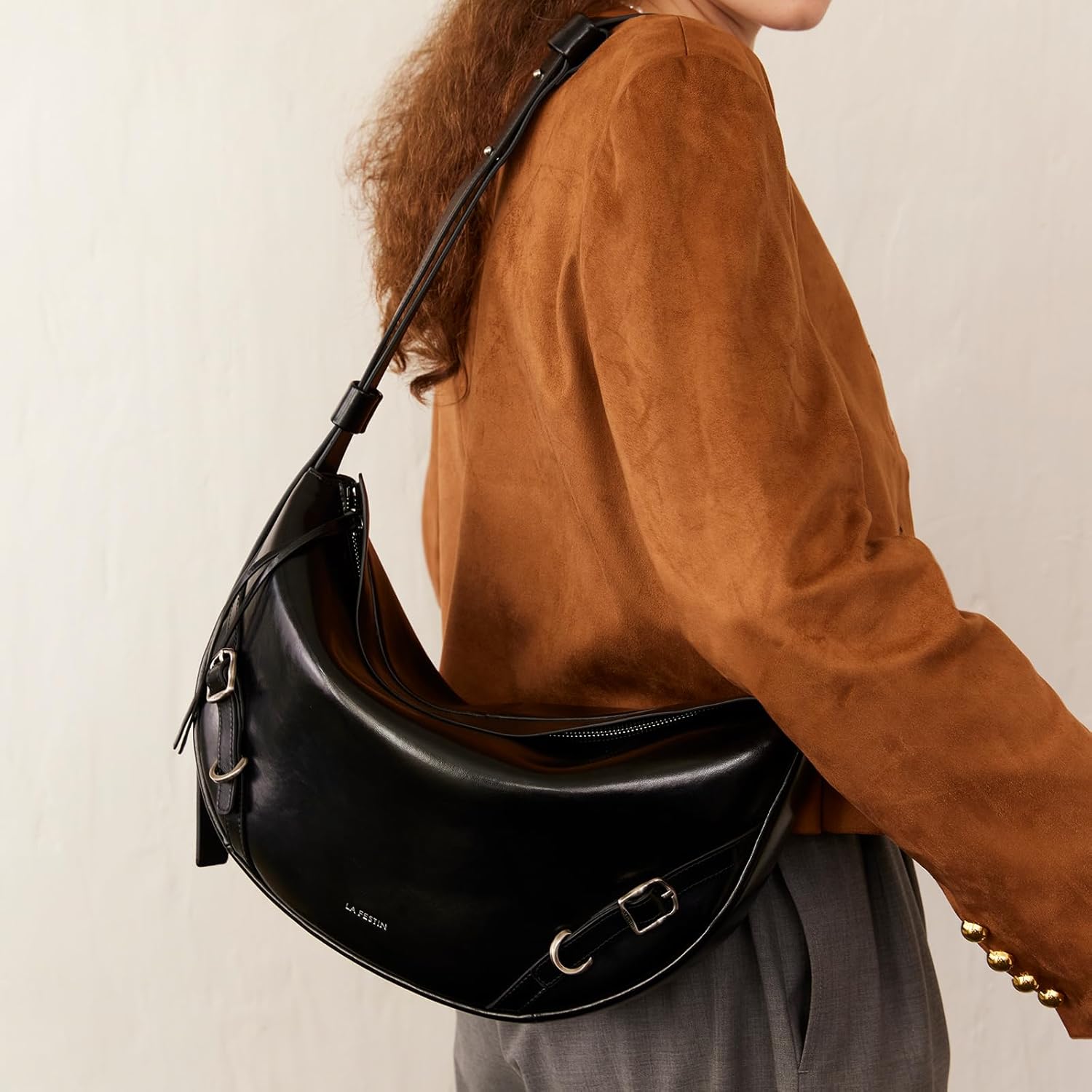 LA'FESTIN Genuine Leather Hobo Bag for Women Split Leather Crescent Shoulder Bag Crossbody Purse with Adjustable Strap - Image 2