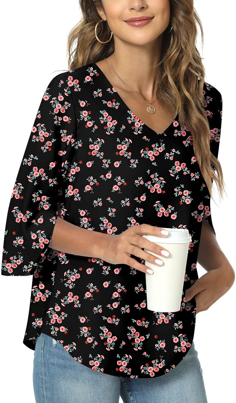 TAOHUADAO Womens 2023 Casual V-Neck Loose Tunic Top for leggings 34 Sleeve Chiffon Blouse Shirt Red Flower Black Tops