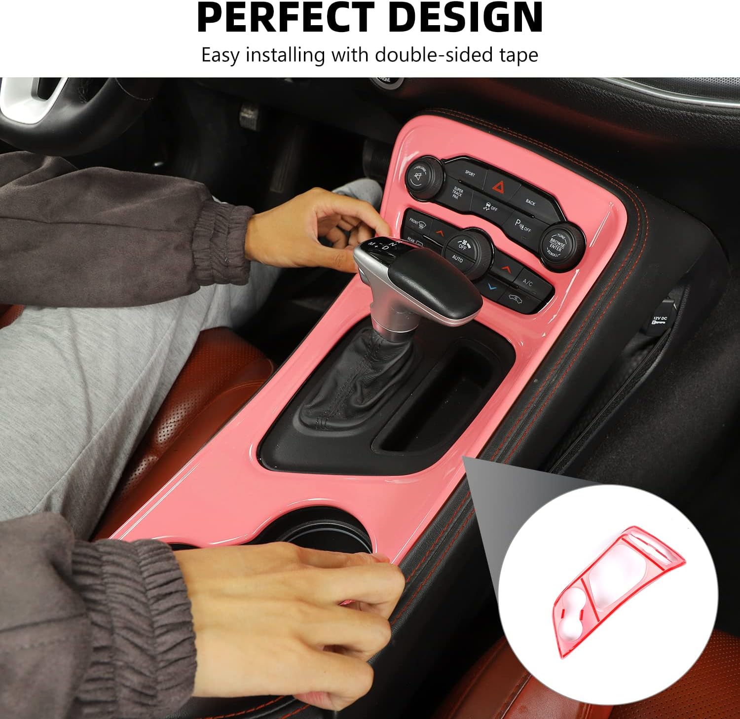 RAZPOY for Challenger Gear Shift Panel Trim, Center Console Cup Holder Cover Compatible with Dodge Challenger 2015-2022, Pink