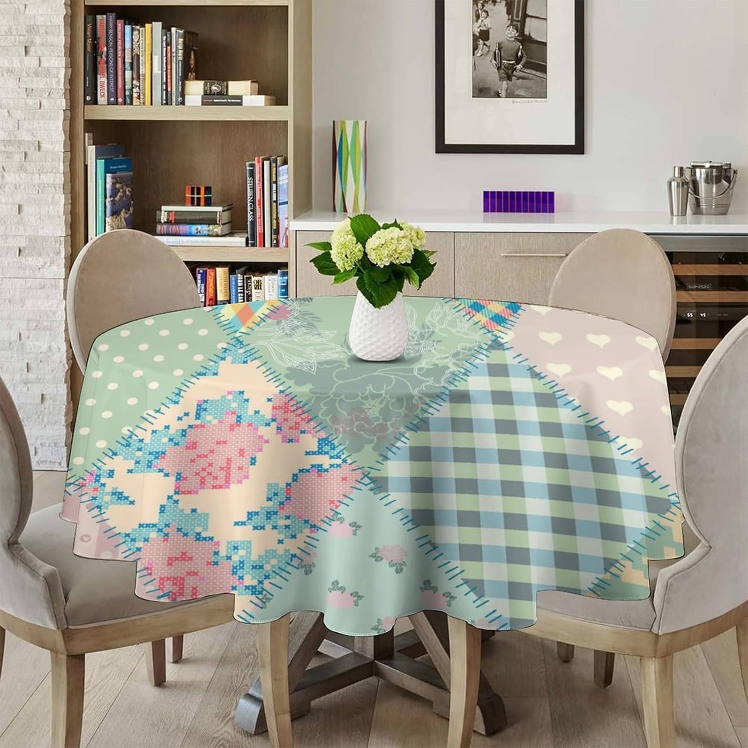 Colorful Patchwork Round Tablecloth, Quilt Style Floral Plaid and Geometric Design Old Fashioned Pattern Table Cover for Dining Table,Parties and Camping Decor 60Inch（152cm）