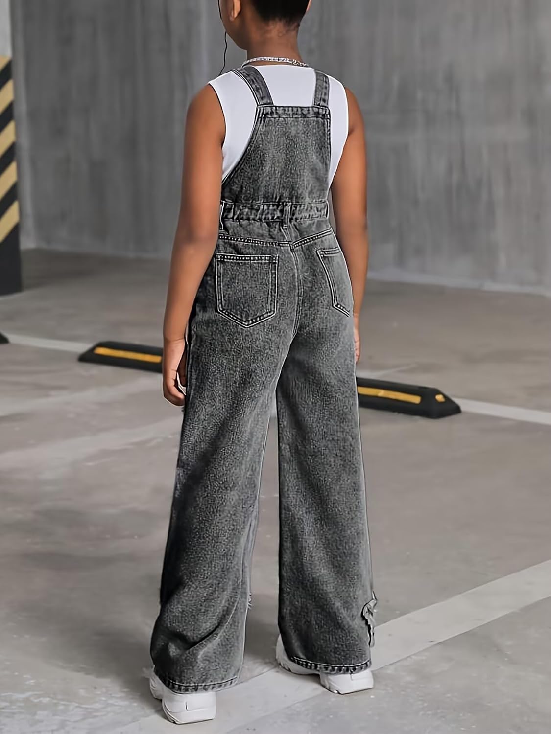 Girls Wide Leg Denim Overalls Star Patchwork Adjustable Straps Baggy Jean Jumpsuits, Black, 9-10 Years/Size 140
