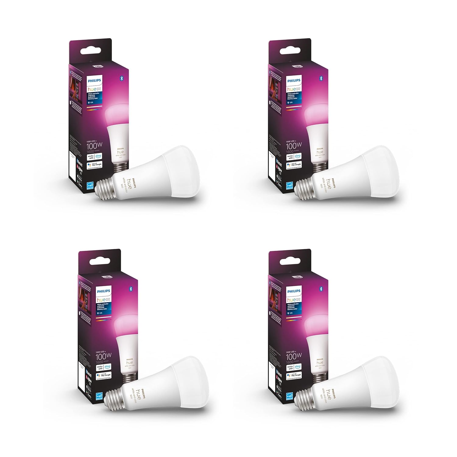Philips Hue Smart 100W A21 LED Bulb - White and Color Ambiance Color-Changing Light - 4 Pack -