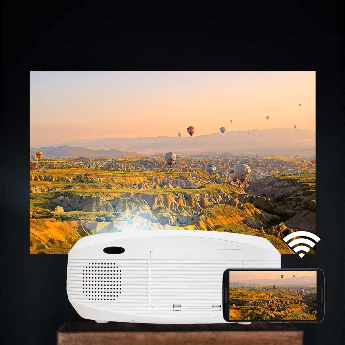 Prixton Picasso portable projector wirelessly mirroring content from a smartphone.