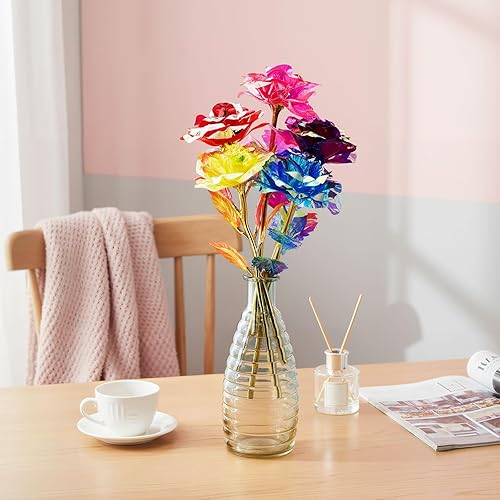 Miniatura 5 de Lyrow 12 rosas de galaxia, regalo para el día de San Valentín, flores con tallos, regalo para ella, rosa de cristal falsa preservada para siempre,