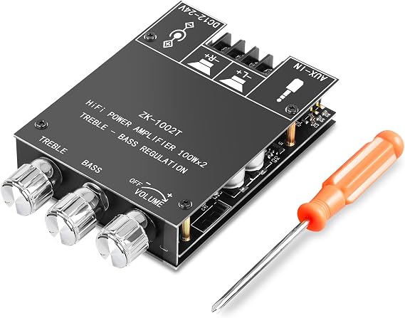 Daakro ZK-1002T Bluetooth Amplifier Board,100W+100W 2.0 Channel Amp Board with Treble/Bass Control,DC 12-24V, Bluetooth and AUX Inputs, Audio Amp Board for Home DIY Wireless Speakers, Password Free