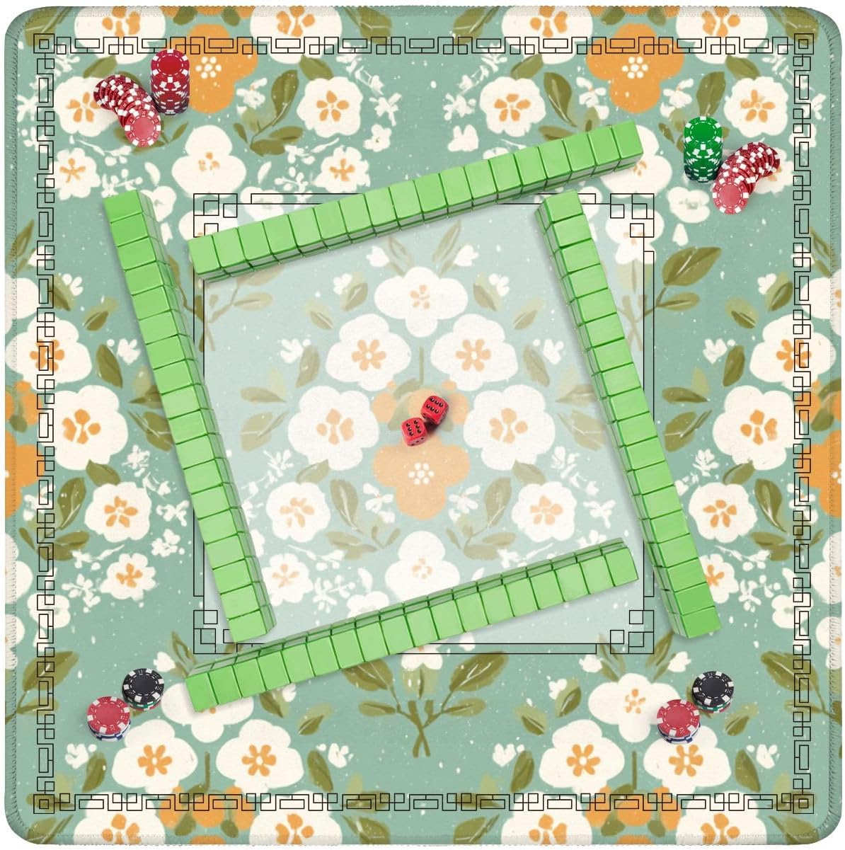 Mahjong Mat for Table Nostalgic Floral Soft Green Leaves Watercolor Hues 31.5" x 31.5" Non-Slip Noise-Reducing Game Mat Premium Mahjong Accessories for Poker Dominoes Hosting