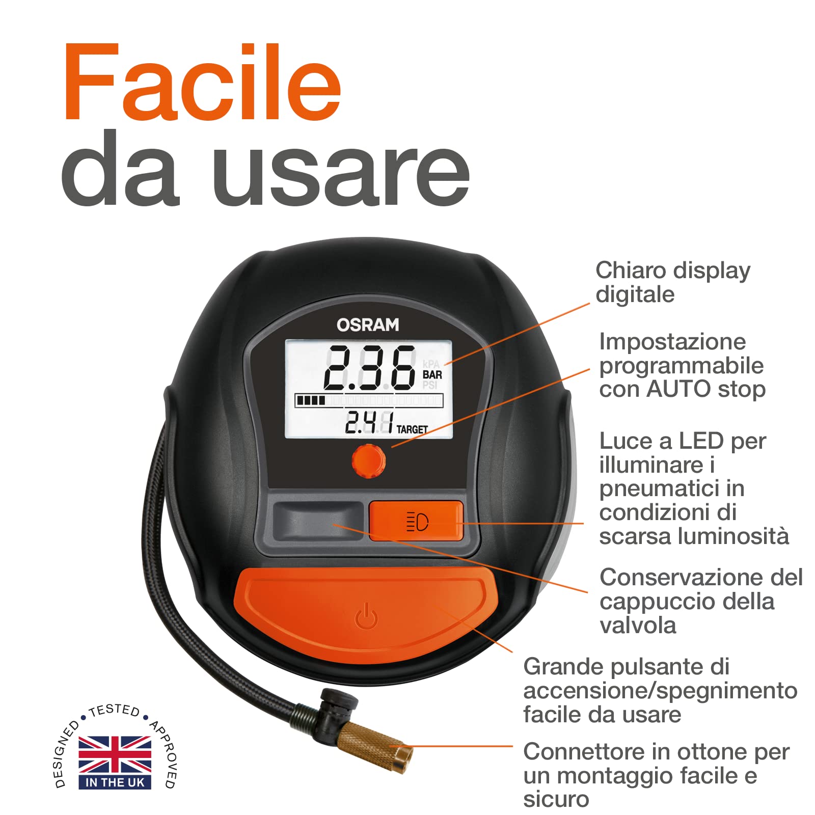 OSRAM TYREinflate RAPID, compressore d'aria digitale a 12 V, compressore portatile, autostop, luce LED, programmabile, pompa elettrica per pneumatici, collegamento 12V, gonfiaggio in 2 min