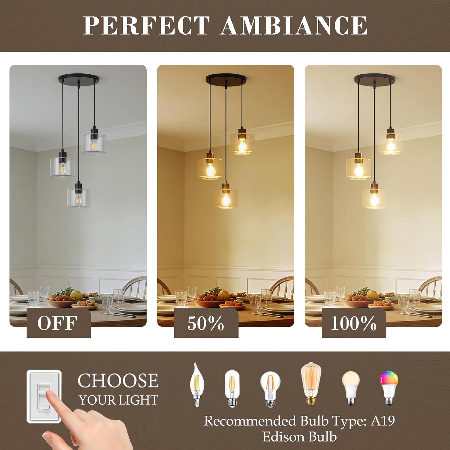 3-Light Pendant Lighting, Black Dining Room Chandelier Light Fixture Over Table with Clear Glass, Modern Cluster Hanging Lights for Kitchen Island Dining Room Sink, OS-YQ8153-3BKC