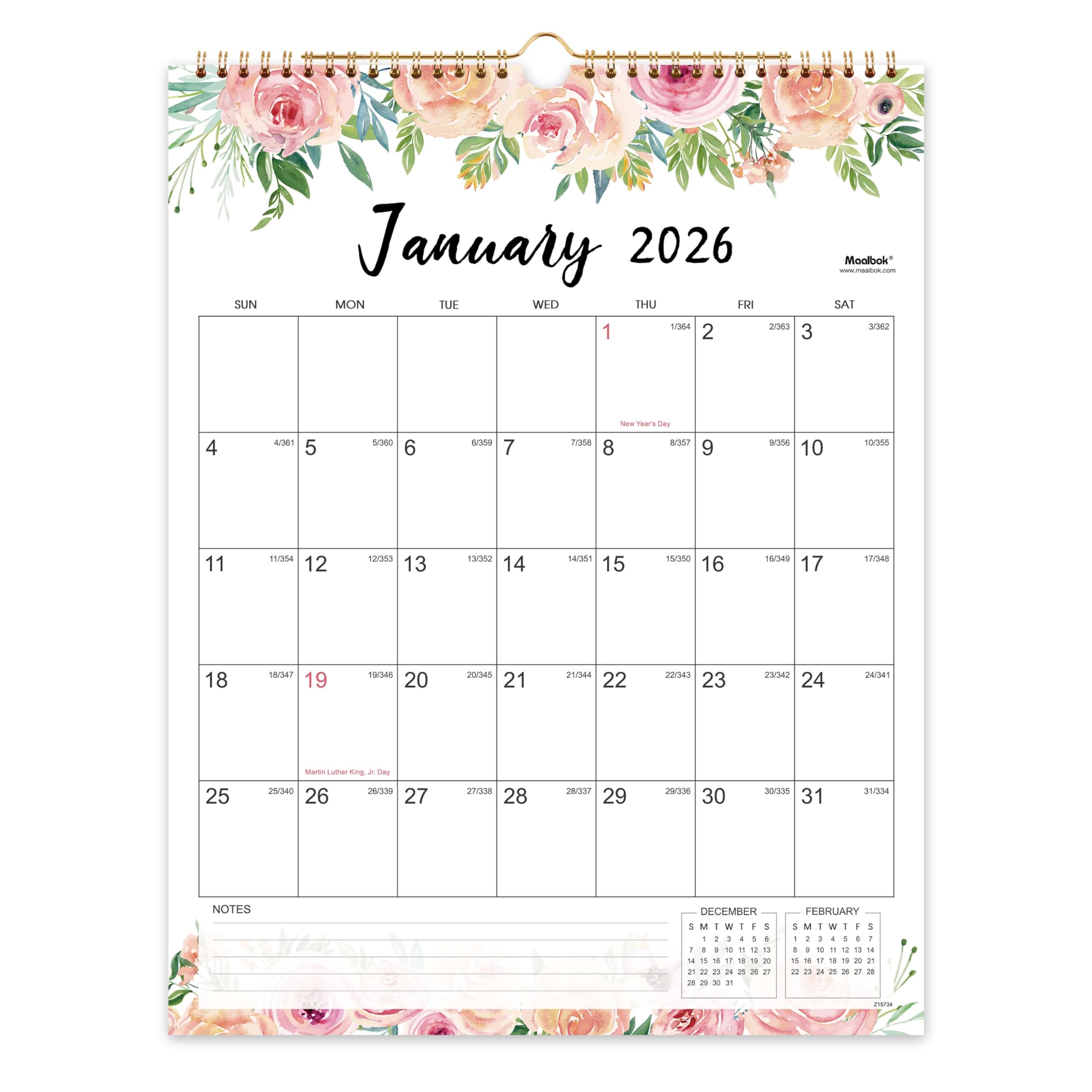 2026 Wall Calendar - JAN 2026 - DEC 2026, 2026 Calendar, 12 Months Calendar with Julian Date, 11.4" x 14.5", Premium Paper, Twin-Wire Binding, Floral