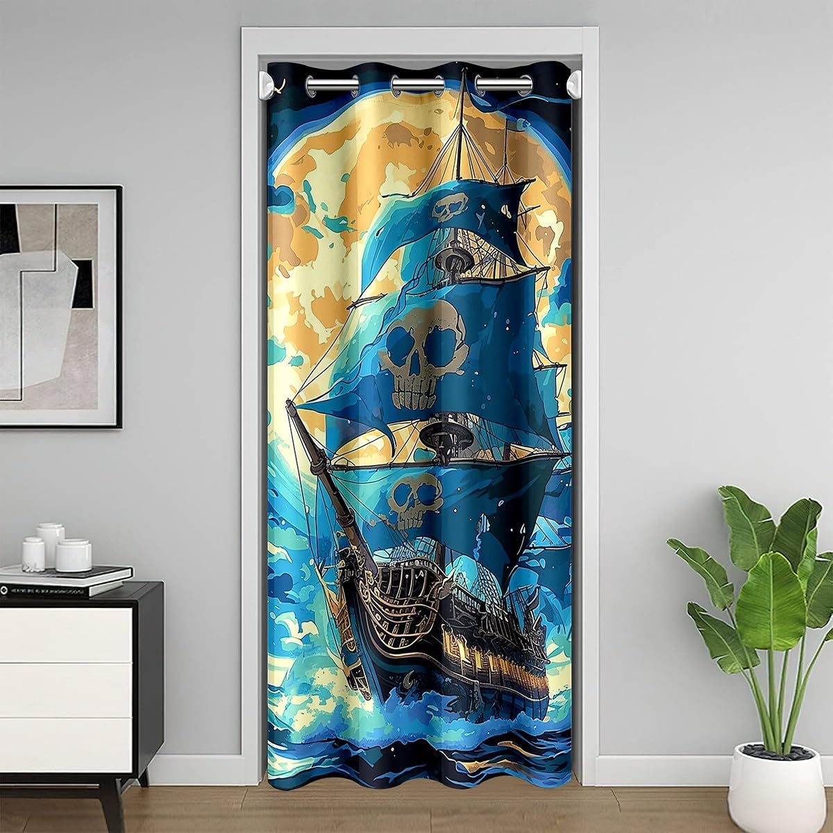 Nautical Boat Door Curtain for Boys Girls Sailing Adventure Doorway Curtain 34" Wx 80" L Gothic Skull Sail Blackout Curtain Mystery Moon Night Curtain Tapestry for Hallway