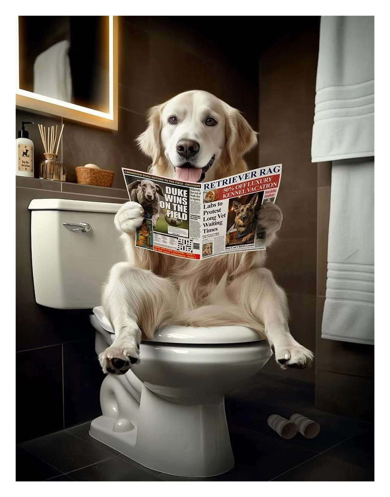 Tableau chien lisant le journal 50x70cm pour déco de WC rigolote