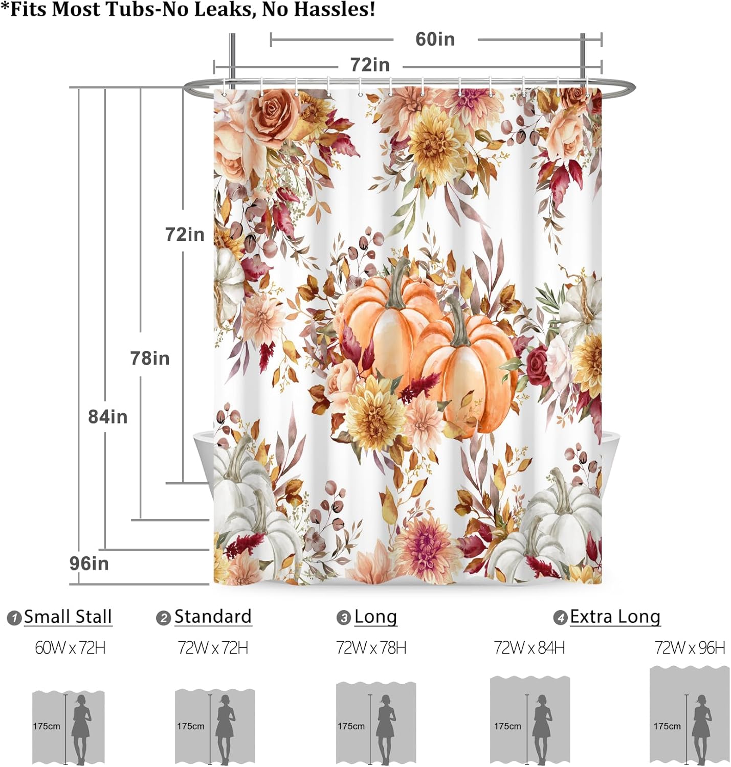 Renaiss 72 x 78 Inch Fall Boho Pumpkins Shower Curtain for Bathroom Watercolor Floral Leaves Rustic Fall Thanksgiving Harvest Farmhouse Fabric Shower Curtain Set Bathtubs Curtain with Plastic Hooks