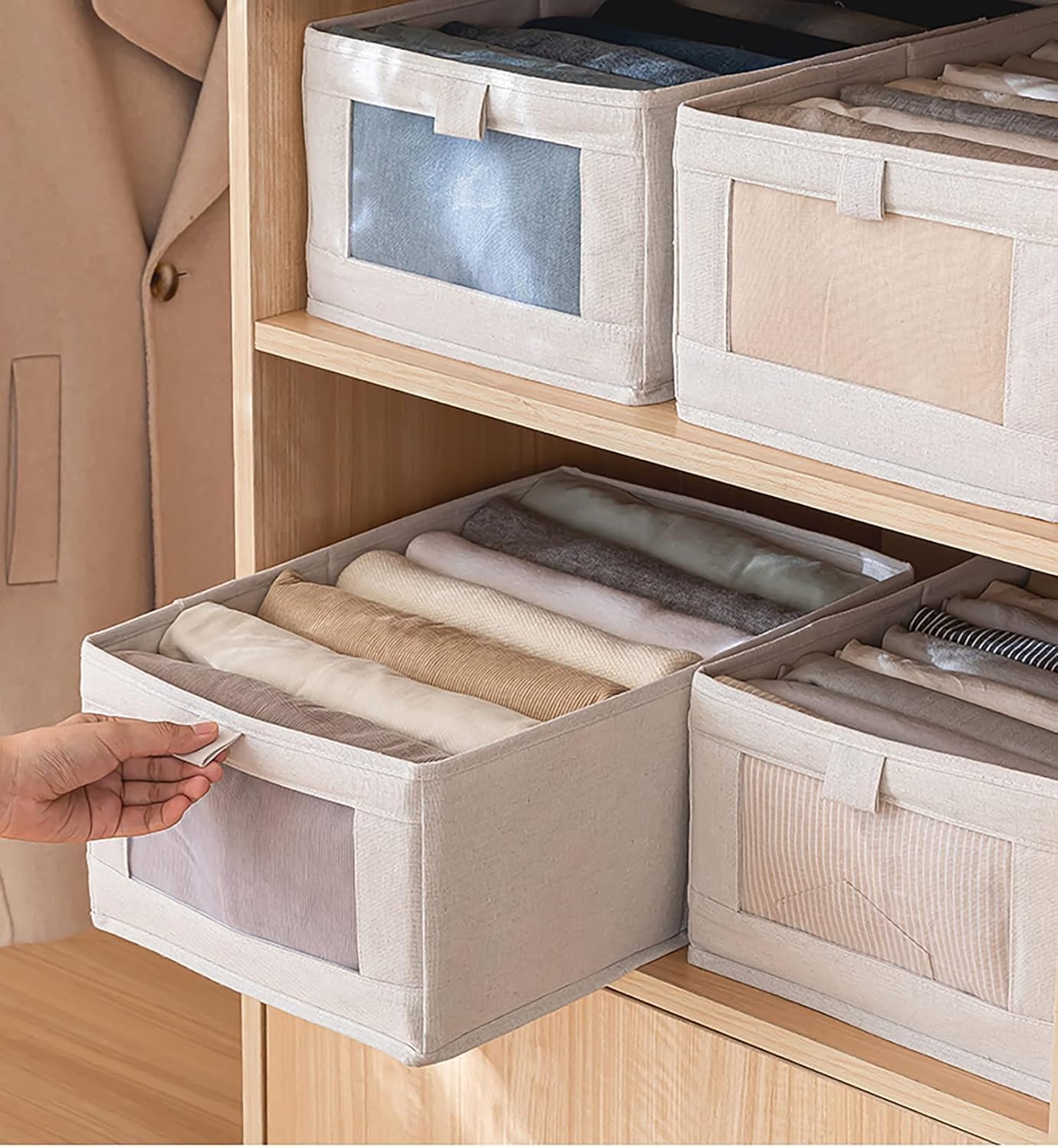 Durable And Versatile Closet Drawer Organizers And Rectangle Storage Boxes, Fabric Storage Containers For Pants, Shirt, Sweaters, Bra Panty, Socks (Beige,Pack Of 2)