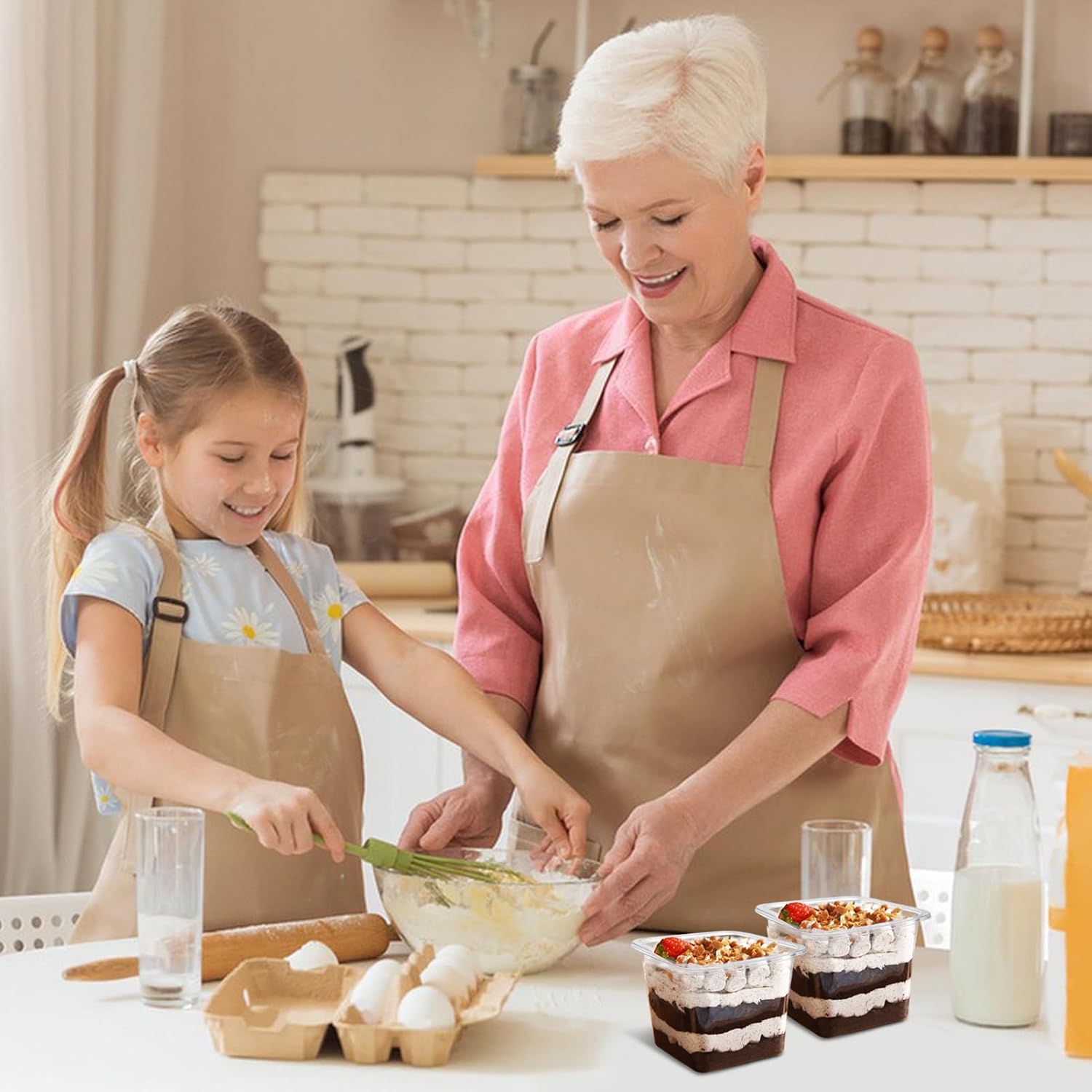 Rainmae 12oz Disposable Plastic Dessert Cups with Lids Parfait Cups with Lids Fruit Cups with Lid Appetizer Cups Sporks Square Clear Cups for To Go Iced Coffee, Bubble Boba Tea, Milkshake 50-Pack