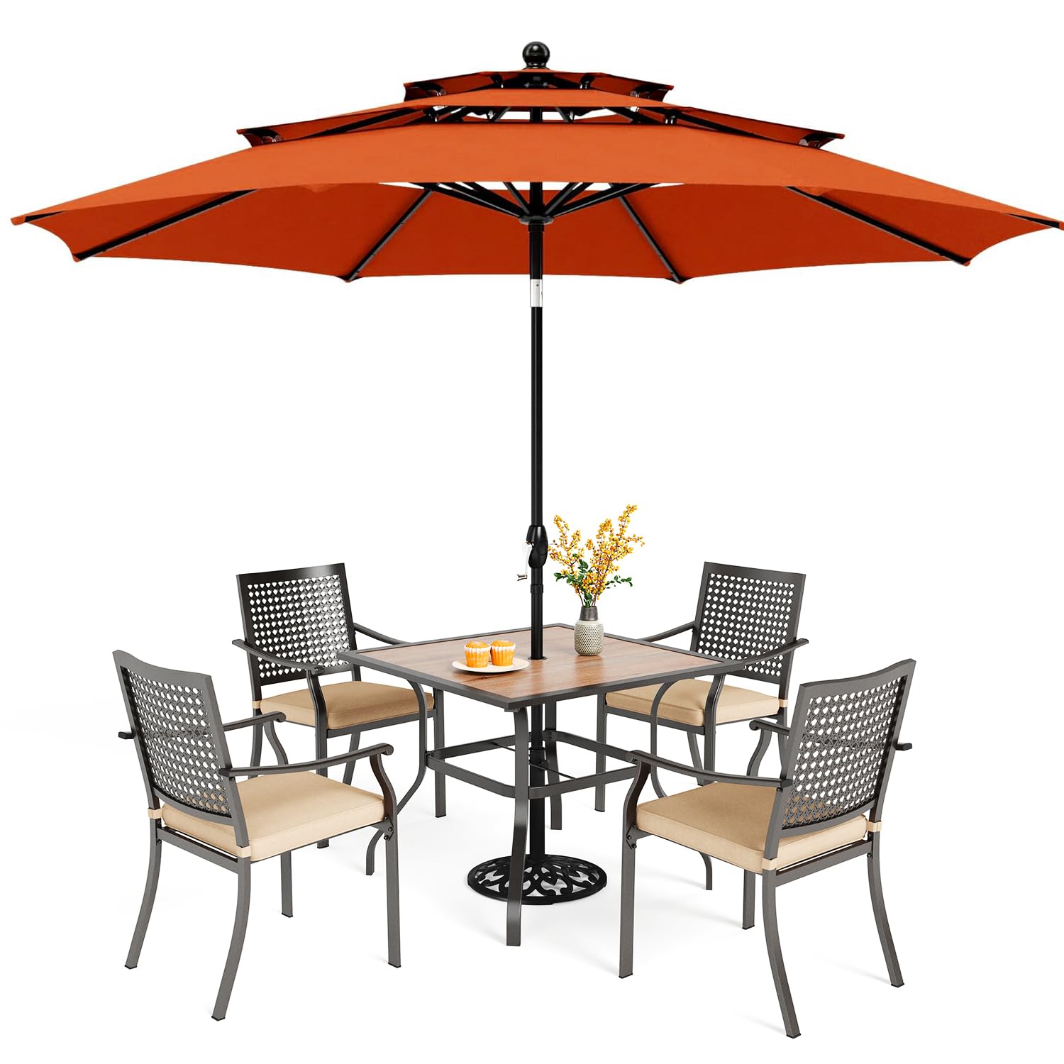 PHI VILLA 5 Pieces Outdoor Dining Set for 4 with Umbrella, 37" Square Wood-Like Steel Table & Stackable Iron Chairs with Cushions & 10ft Red Umbrella,