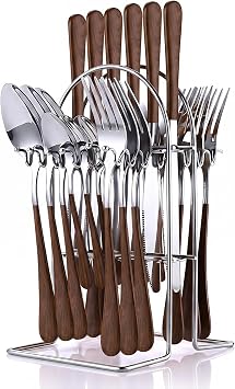 24 Pieces Flatware Set, Wood-Grain Handle Coating Stainless Steel Cutlery Set with Holder, Service for 6,Mirror Polished Tableware Set for Home Kitchen
