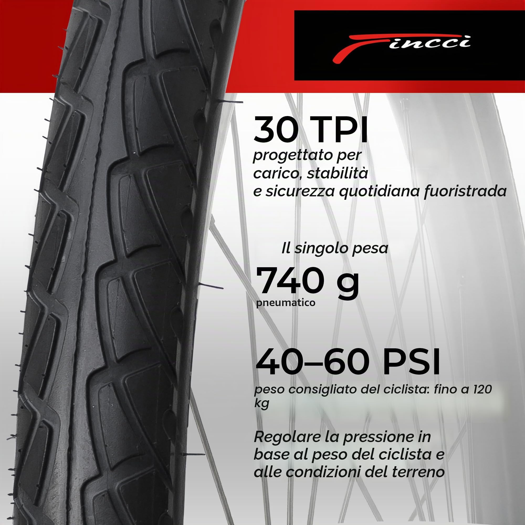 Fincci Pneumatici Bici 26 x 1.95 50-559 con Protezione Antipuntura 3mm | Copertone Bici 26x1.95 50-559 con TPI 30 e Pressione 40-60 PSI per una Maggiore Resistenza alle Forature - Set da 2