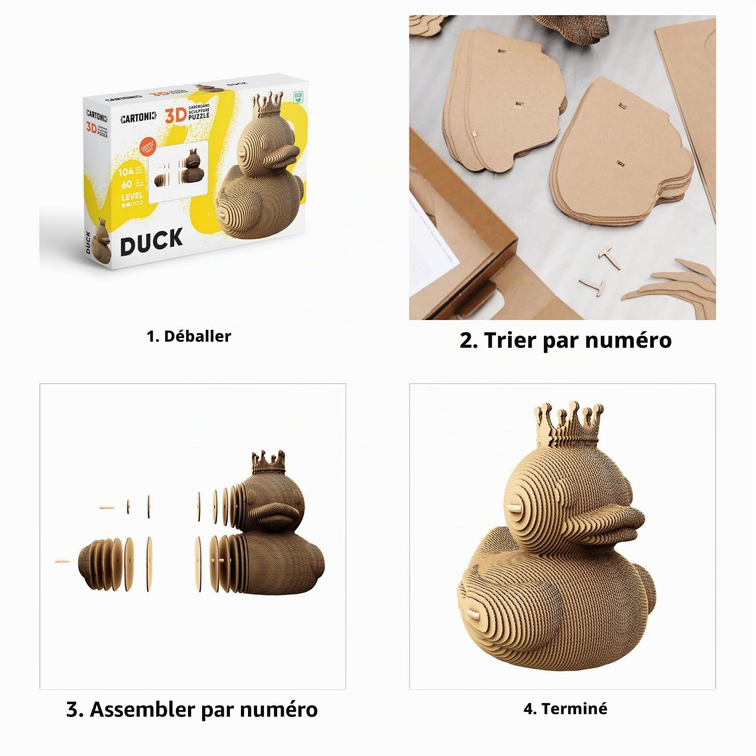 Canard Puzzle 3D en Carton – Maquette à Monter | 104 Pièces, 16 × 15 × 13 cm – Kit Sculpture DIY à Peindre, Matériaux Recyclés, Ados & Adultes, Idée Cadeau Déco