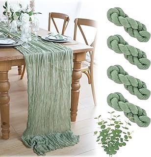 Tischläufer Eukalyptus Grün 4 Stück, mit 9 Eukalyptuszweig Deko Käsetuch Cheesecloth Musselin Salbeigrün Tischläufer Boho 90x300 cm Lang Hochzeit Geburtstag Tischdeko