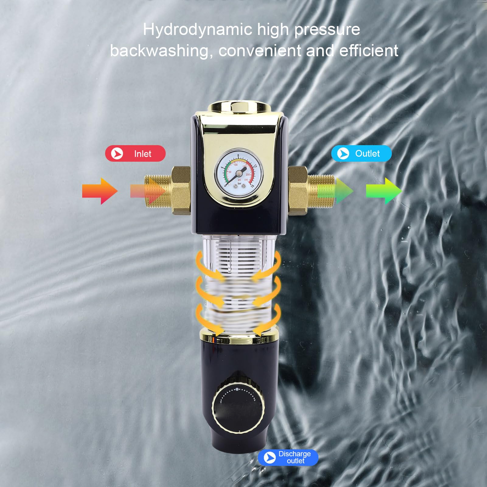 Filtro de Sedimentos de Prefiltración de Agua Filtro Giratorio para Toda la Casa Pantalla de Acero Inoxidable 316L de 40 Micras Flujo 8T H con Manómetro para Agua