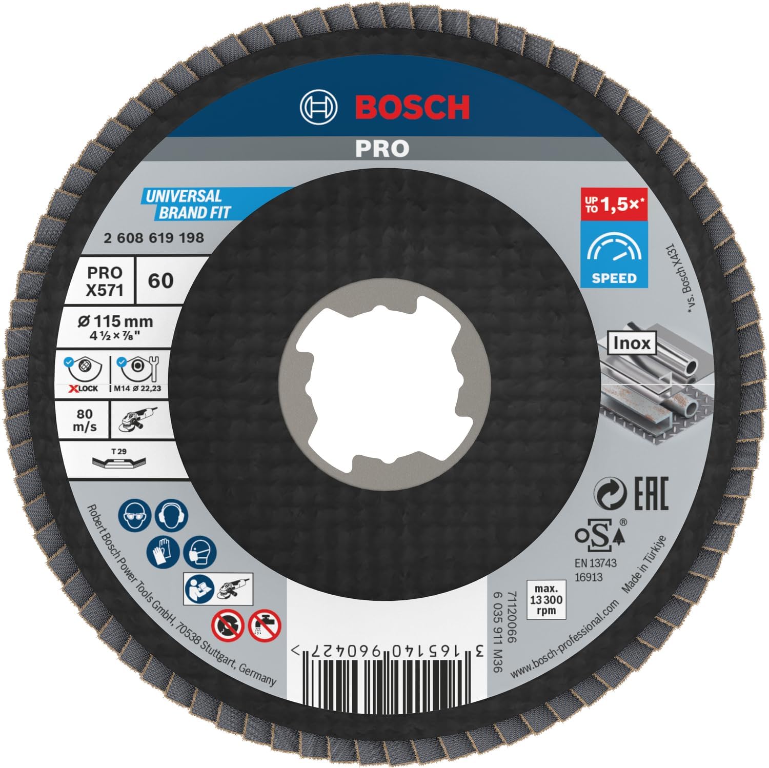 Bosch Professional Angled Flap Disc Best (for Metal, X-LOCK, X571, Diameter 115 mm, Grit Size K60)