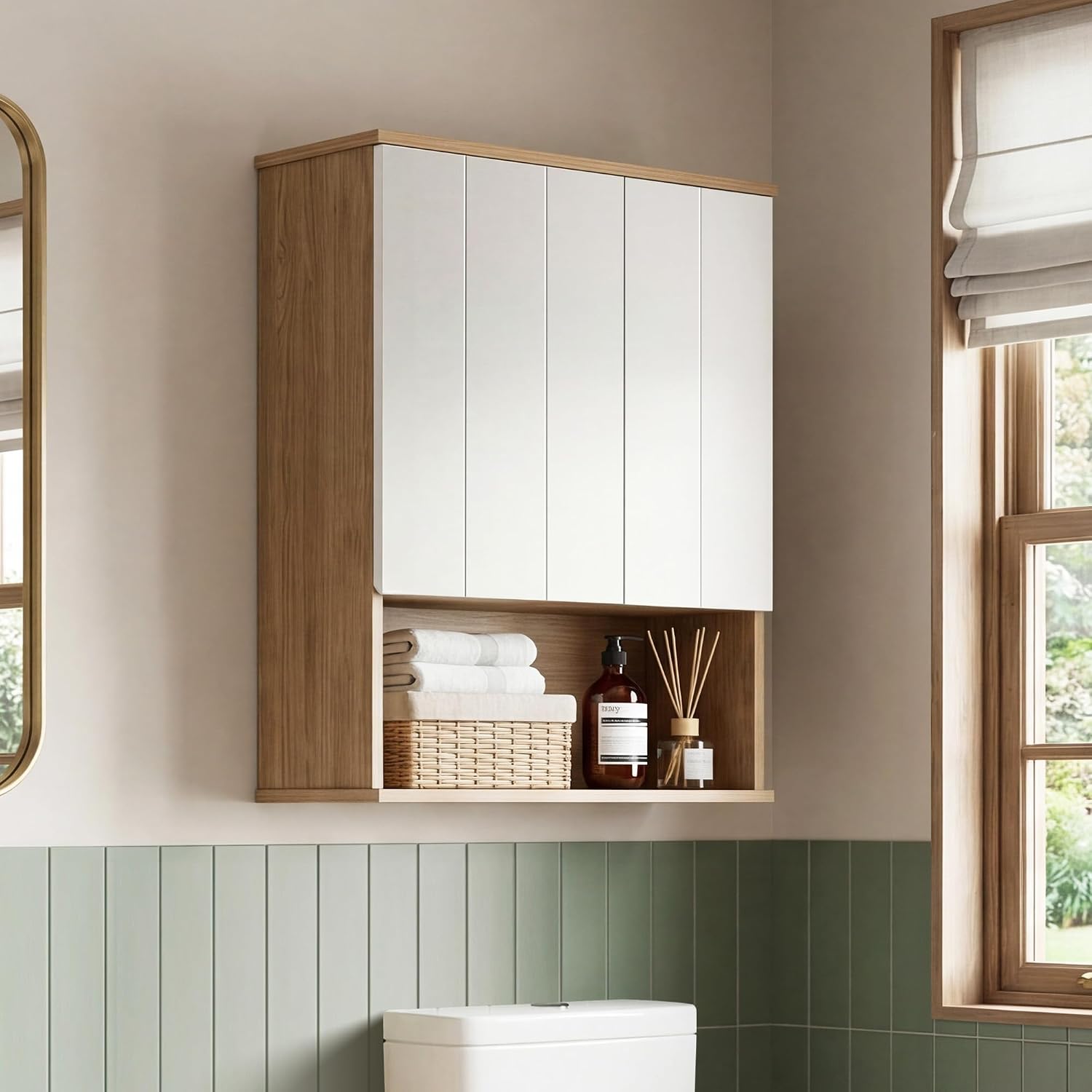 Above Toilet Wall Cabinet, 24 x 30 in Bathroom Medicine Cabinet with Bamboo Slatted Doors, Adjustable Shelf, Open Bottom Shelf, French Cleat Mount, Black & Natural