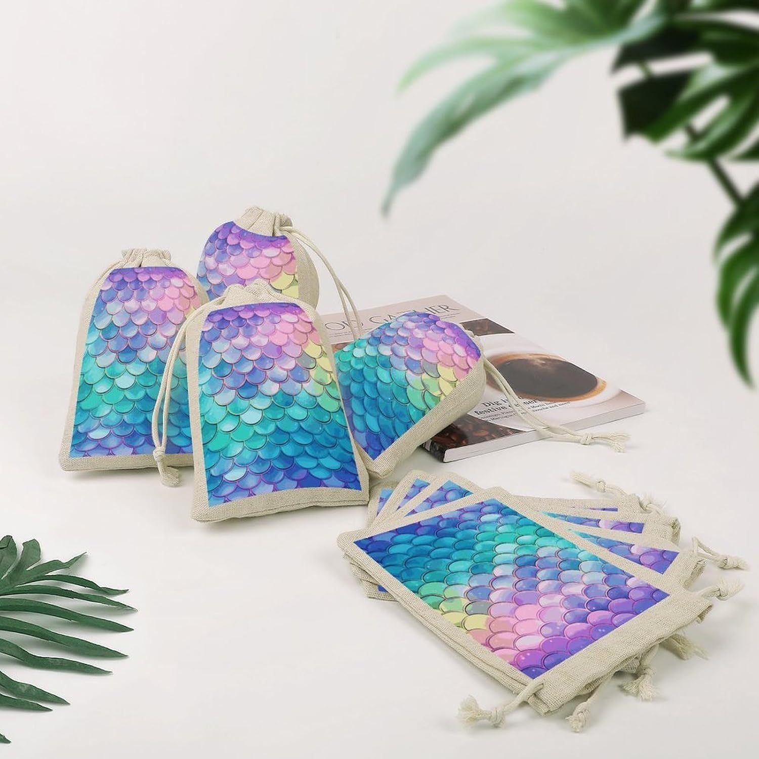 Dreamy Gradient Mermaid Scales Cotton Linen Drawstring Bags Pack of 8 image 4