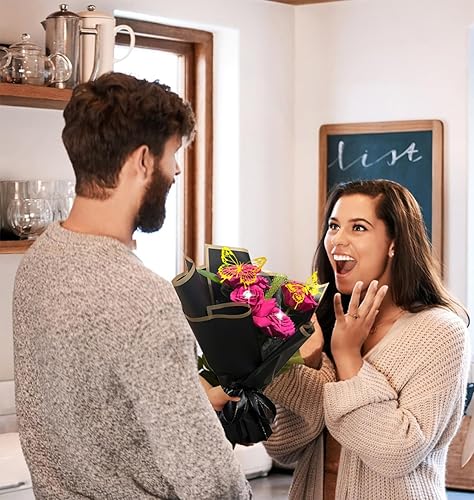 Miniatura 6 de Unarty 20 hojas de papel de regalo de flores negras con cinta, 24 mariposas doradas, 50 alfileres de flores, papel de regalo impermeable con borde