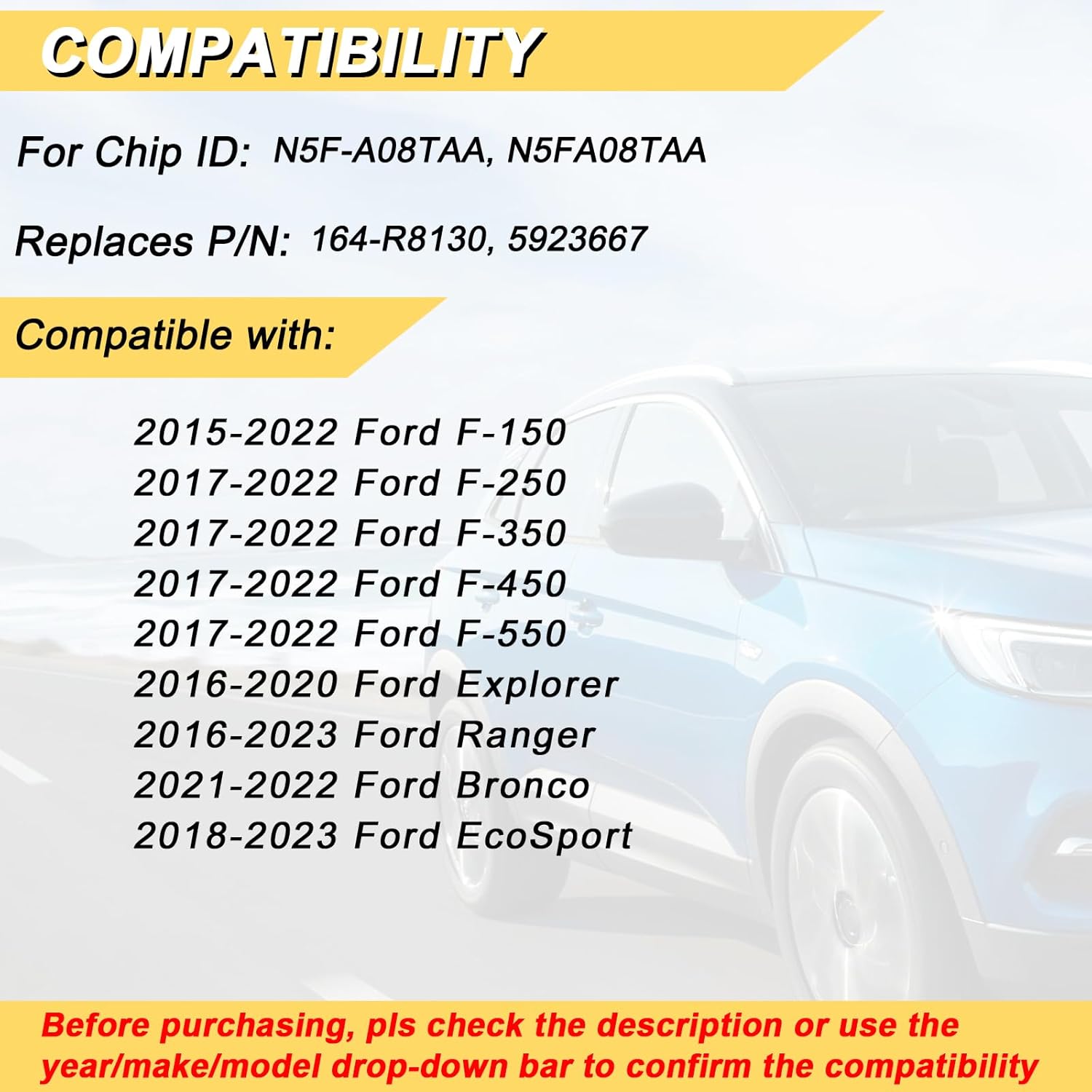 Key Fob Replacement for 2015-2022 Ford F-150/17-22 F-250 F-350 F-450 F-550/16-20 Explorer/ 16-23 Ranger/ 21-22 Bronco/ 18-23 EcoSport Car Keyless Entry Remote Control, N5F-A08TAA, 3 Btn, 2Pcs