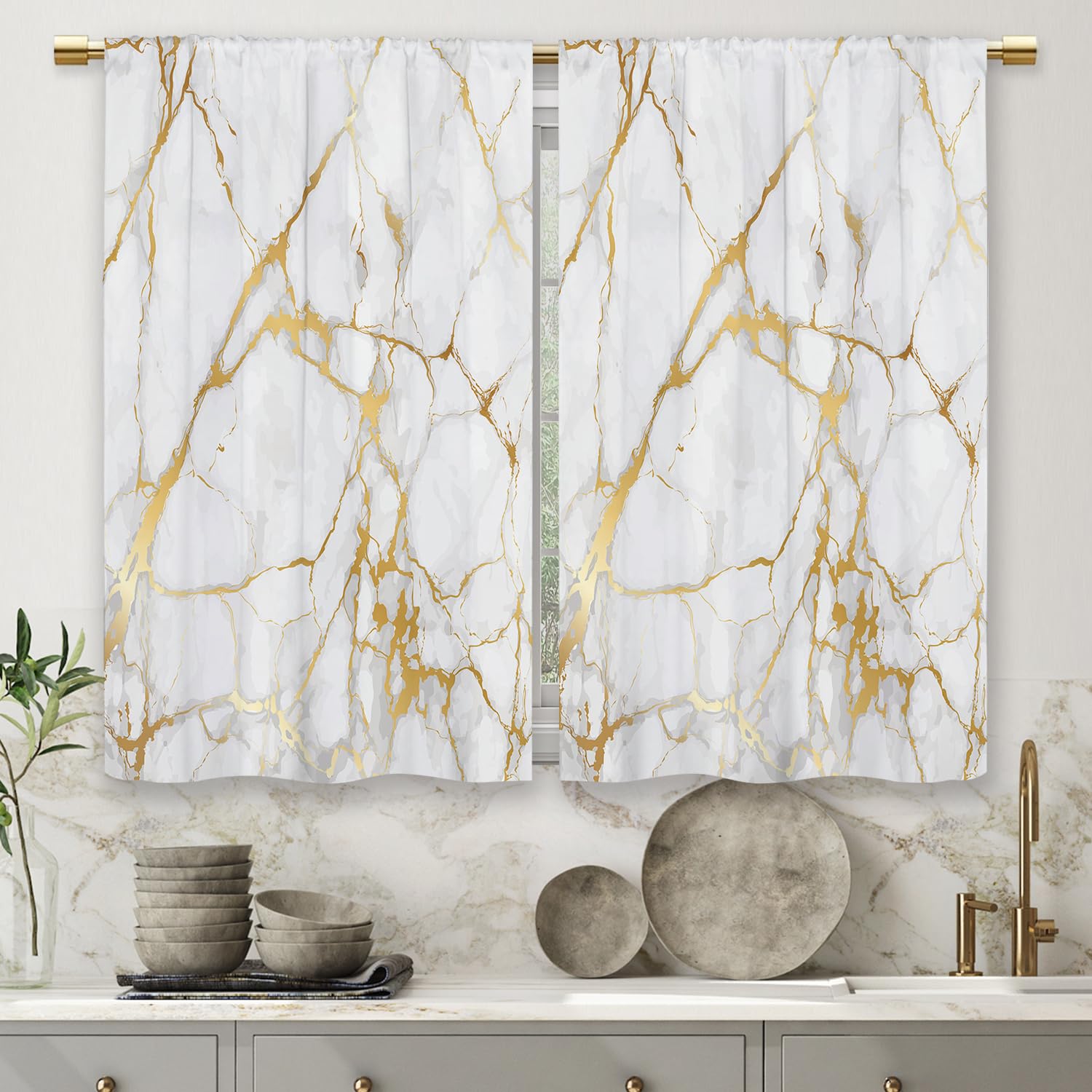 Laifzere Gold Marble Kitchen Curtains Golden Luxury Abstract Small Short Cafe Window Curtains White Modern Texture Ink Rod Pocket Bathroom Window Drapes Treatment Tier Curtains 2 Panels (26x36 Inch)