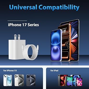 Phone 17 16 15 Charger Fast Charging Type C Chargers USB C Fast Charger Block & Phones 17 Charger Cord 12FT Long USB C Charging Cable for i.Phone 17/17 Pro/17 Pro Max/Air/Phone 16 15 Pro Max,White