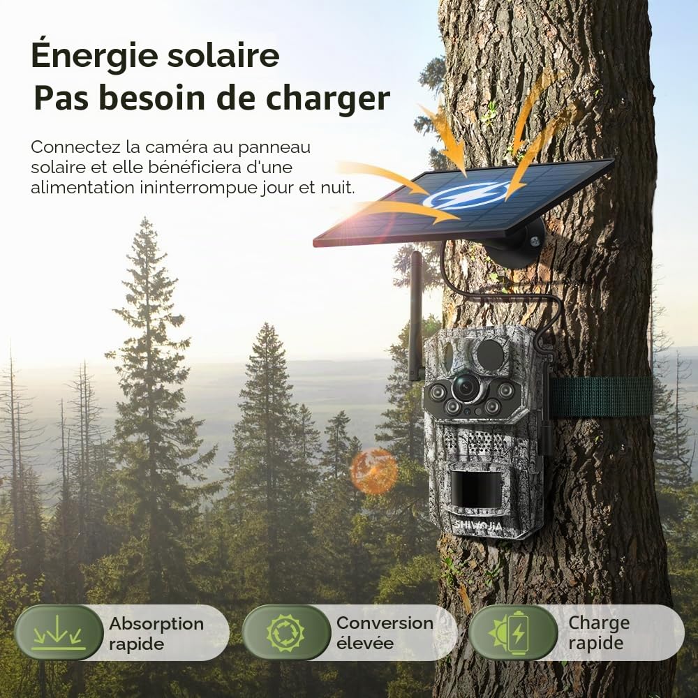 SHIWOJIA 4G LTE Camera de Chasse Solaire Camera Chasse Infrarouge Vision Nocturne Piege Photographique Connectée Telephone, Détecteur de Mouvement 3 PIR, 8000mAh Batterie, IP66