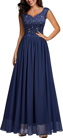 Miusol Womens Sexy Deep V-Neck Sequin Lace Double Sleeveless Evening Party Maxi Dress