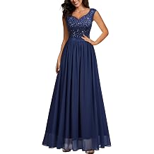 Miusol Womens Sexy Deep V-Neck Sequin Lace Double Sleeveless Evening Party Maxi Dress