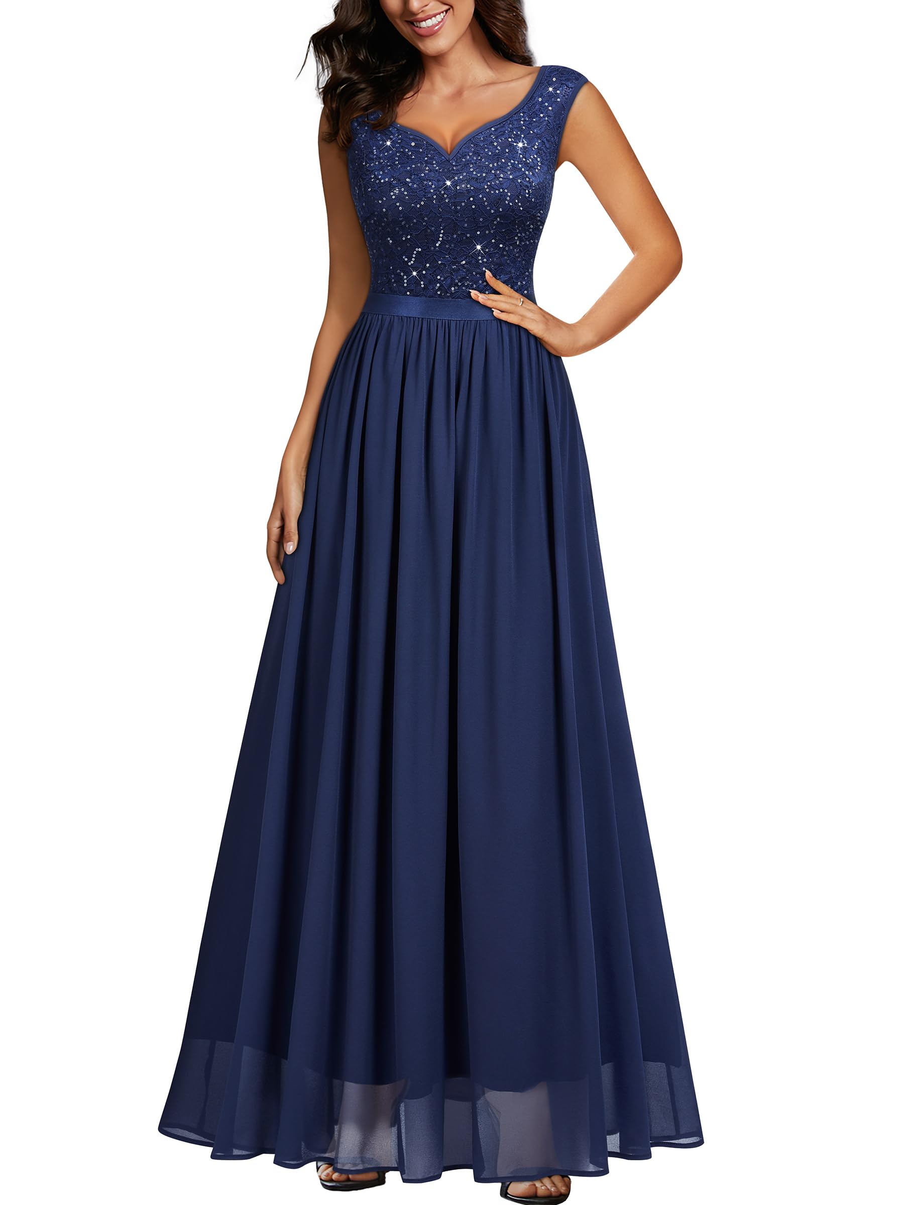 Miusol Women's Sexy Deep V-Neck Sequin Lace Double Sleeveless Evening Party Maxi Dress